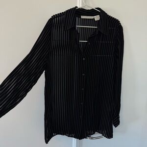 Vintage Black Velvet Striped Button-Up Blouse